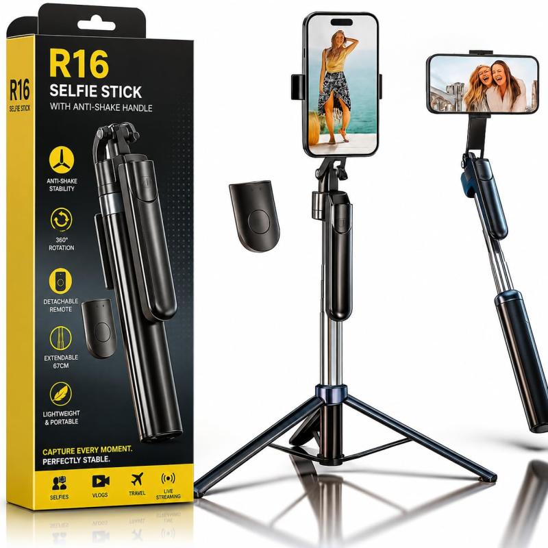 R16 Selfie Stick Tripod with Bluetooth Remote, 360° Rotation & Anti-Shake Handle