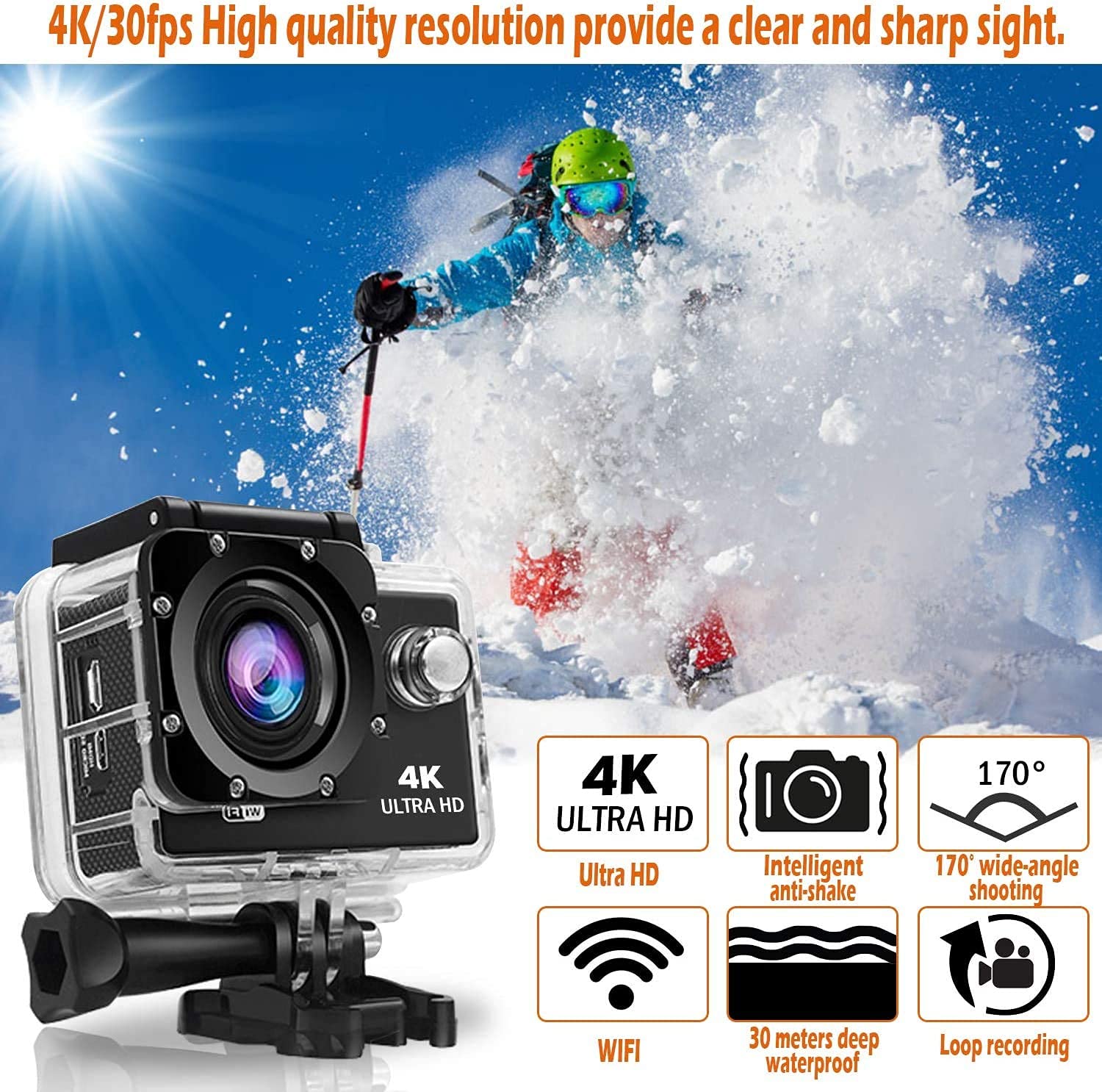 4K WiFi 16MP Sports Action Camera 30M Underwater Waterproof Camera