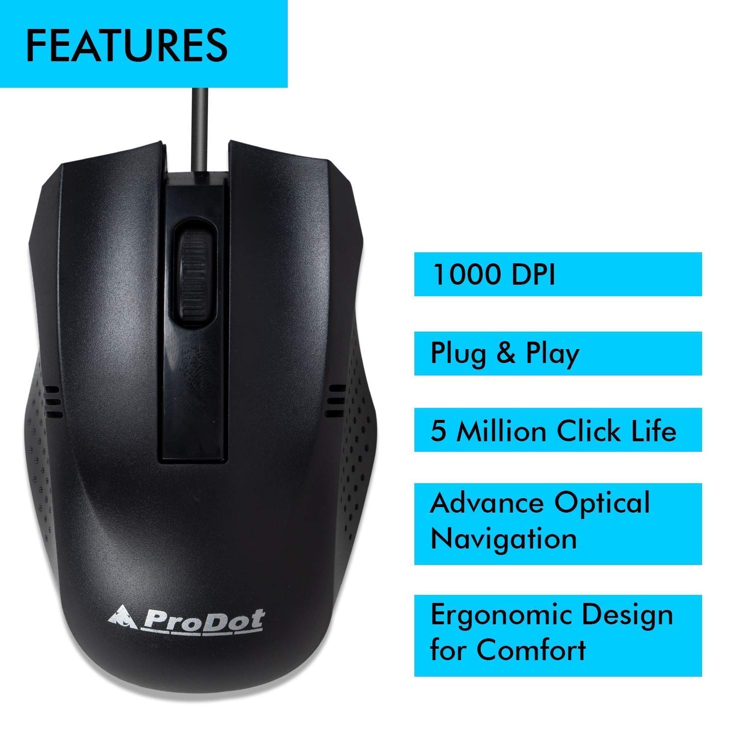 ProDot Universal MU253s USB 1000 DPI Wired Optical Mouse (Black)