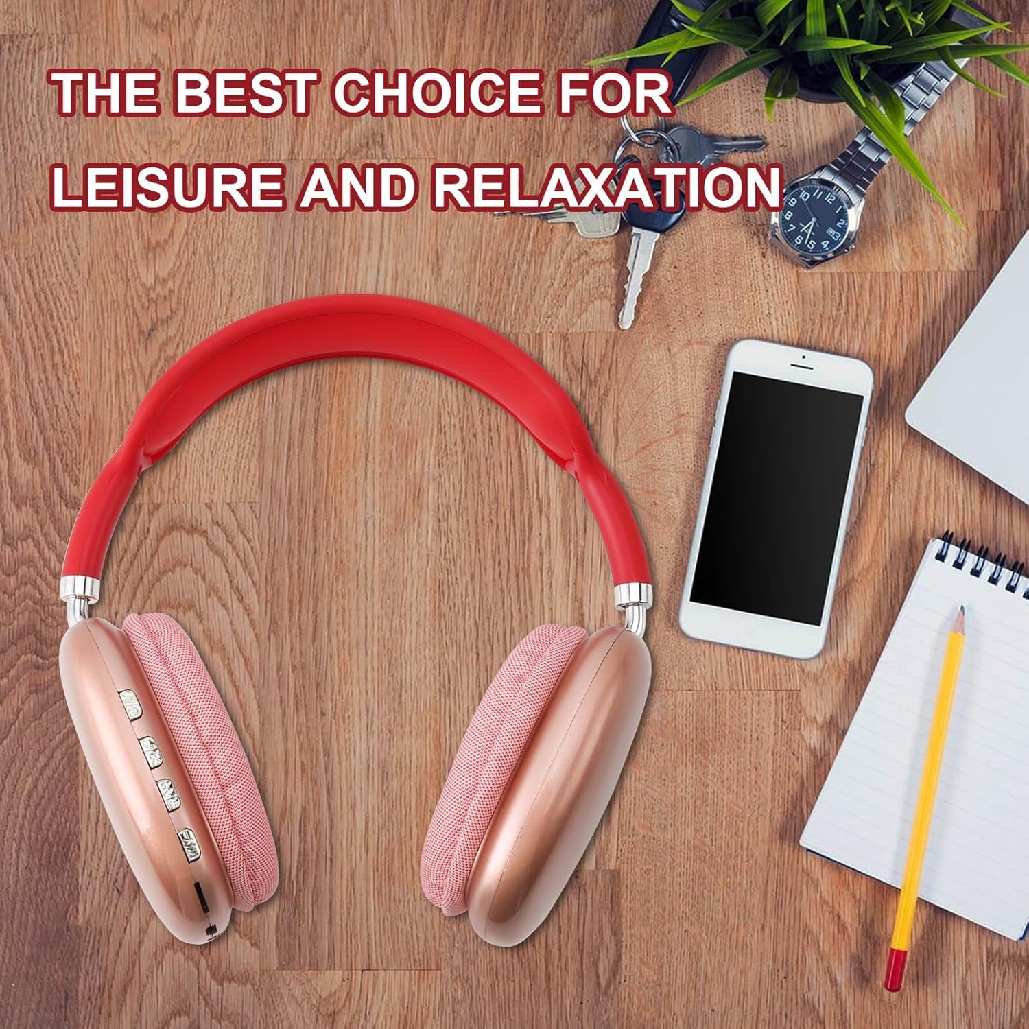 P9 Bluetooth Headphones (Rose Gold) – Wireless Max Headset, Deep Bass, Hands-Free Calling, Comfortable Fit, Compatible with All Bluetooth Devices