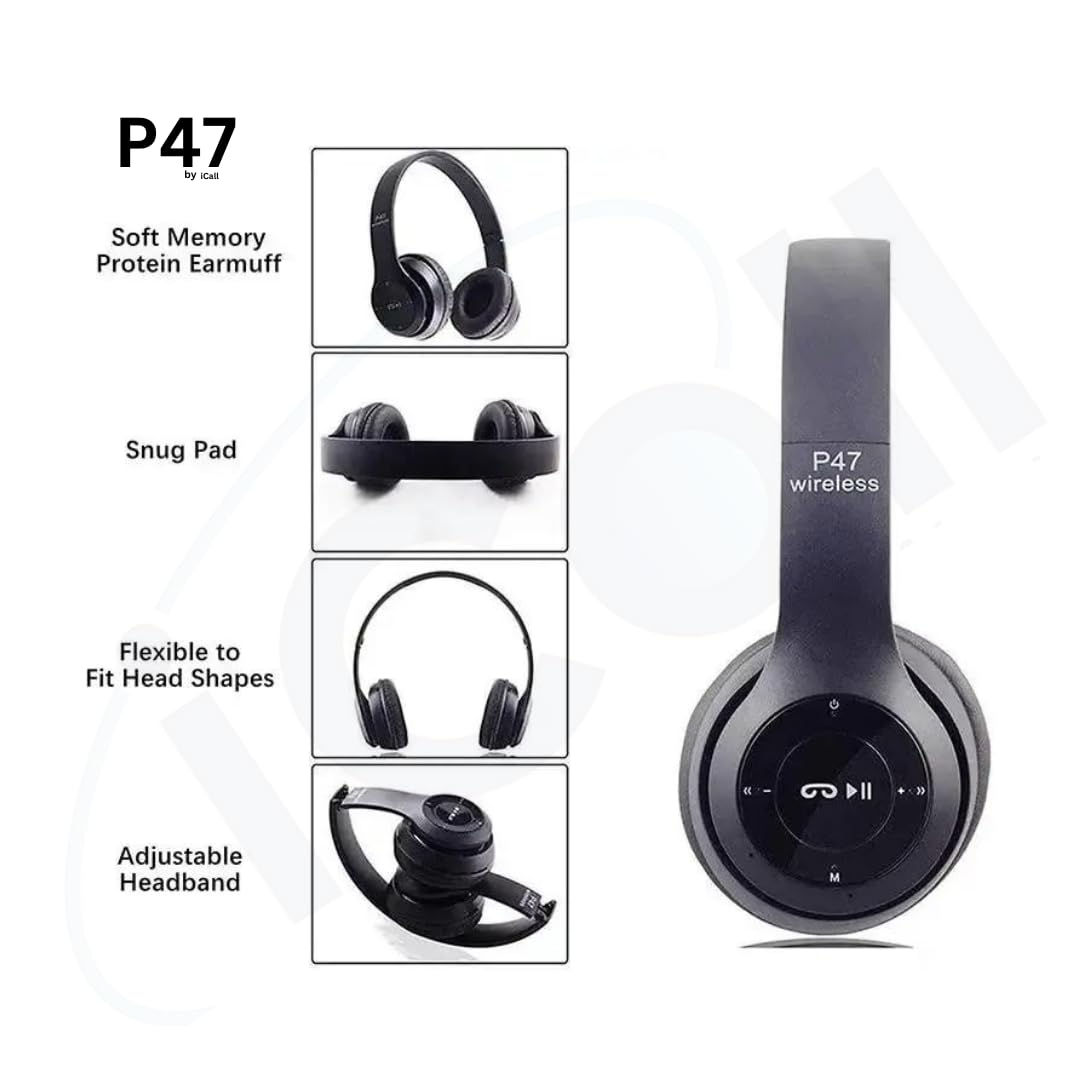 P47 Wireless Bluetooth Headphones with Mic, FM, SD Card & Hands-Free Calling – Lightweight Foldable Design