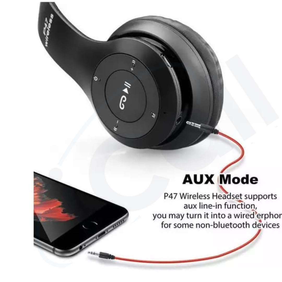 P47 Wireless Bluetooth Headphones with Mic, FM, SD Card & Hands-Free Calling – Lightweight Foldable Design