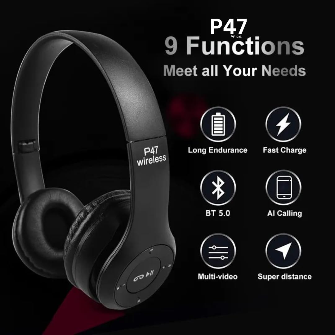 P47 Wireless Bluetooth Headphones with Mic, FM, SD Card & Hands-Free Calling – Lightweight Foldable Design