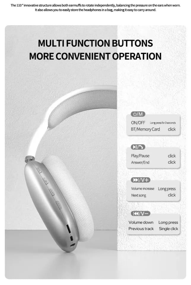 P9 Bluetooth Headphones with Mic – Wireless Max Headset White | Clean Look, Premium Sound